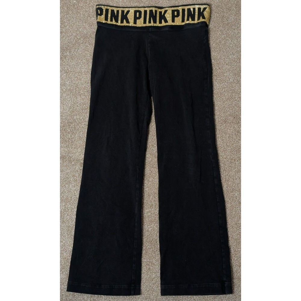 Black Victorias Secret PINK Yoga Pants Women's Size Medium Bling Waistband Y2K